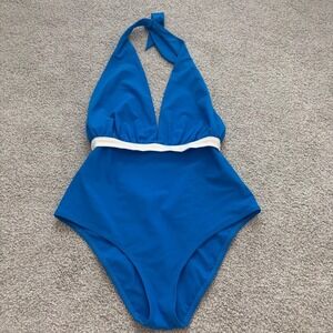 Emma Pake One Piece Swimsuit Womens M Blue Halter Mod Twee Pinup Retro Preppy